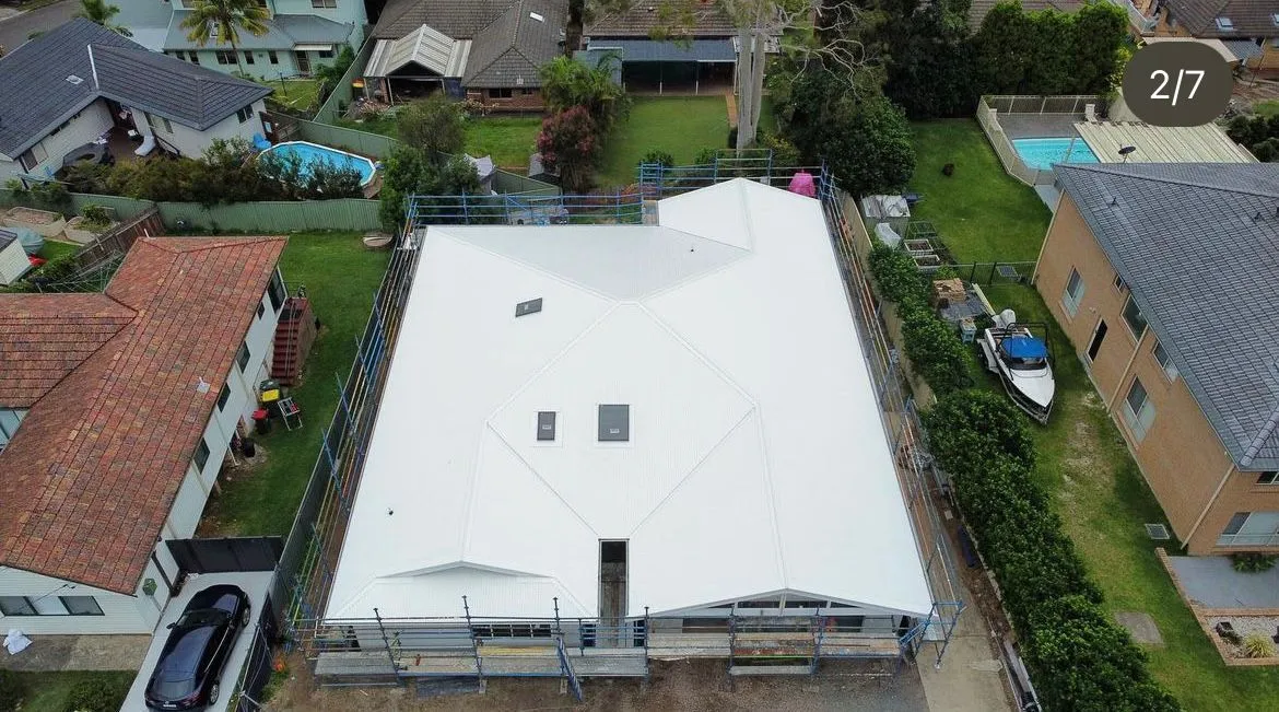 Aerial view of a residential house construction.